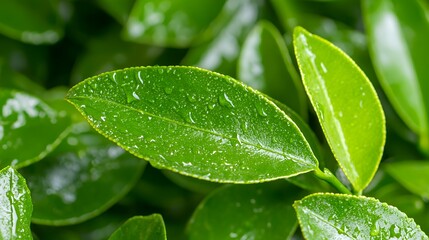 Wall Mural - Green Leaves with Water Droplets
