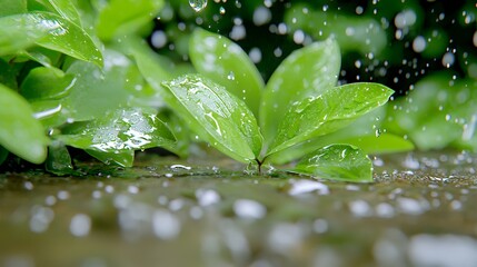 Wall Mural - Green Leaves with Water Droplets