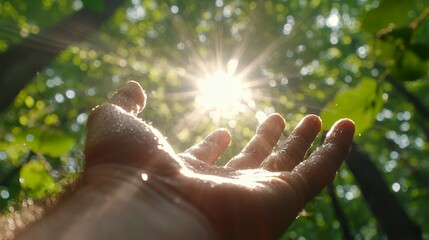 Wall Mural - Hand Reaching for Sunlight in a Forest