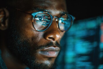 close-up of a young african american man focused intently on his computer screen, code reflected in 