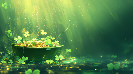 Wall Mural - Overflowing pot of gold with scattered clovers, glowing green abstract background with soft golden sparkles, rich and vibrant tones. [Crimson Rain] | Emberfall Skies | glowing flood. Illustration