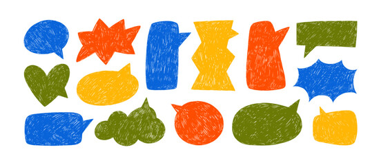 Aufkleber - Colorful crayon drawn funky speech bubble silhouettes. Hand drawn vector talk balloons in comic sketch style. Grunge pencil or chalk texture. Doodle dialog balloon elements collection.