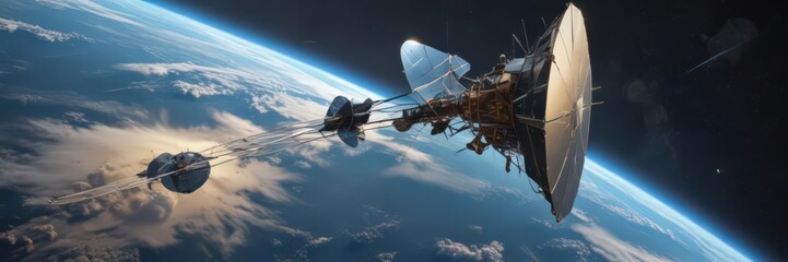 Wall Mural - high-tech satellite orbiting earth, internet antenna visible , cosmos, astronomy