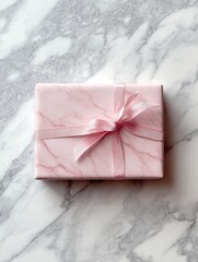 Aufkleber - Pink Gift Placed on a Marble Table With a Wide Free Space Around It Evokes a Sense of Elegance and Celebration in a Cozy Setting
