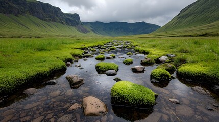 Wall Mural - Stream Flowing Through Lush Green Valley