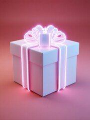 Poster - White Gift Box With Neon Bow on Pink Background Creates a Festive Atmosphere Suitable for Special Occasions and Celebrations in Various Settings