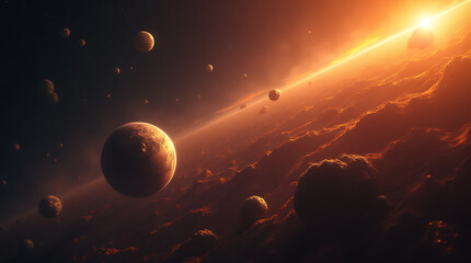Wall Mural - Vivid planetary scene with glowing sun and distant stars