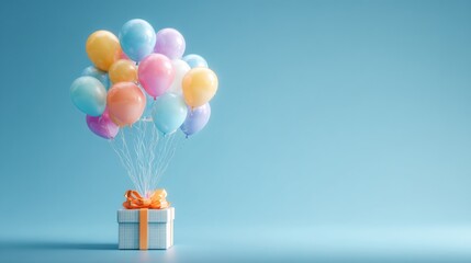Poster - Celebration Decor With Colorful Floating Balloons and a Gift Box for a Joyful Birthday Occasion