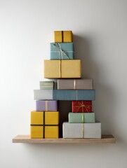 Poster - Stack of Colorful Presents Arranged on a Wooden Shelf Against a Minimalistic Backdrop With Large Negative Space Above