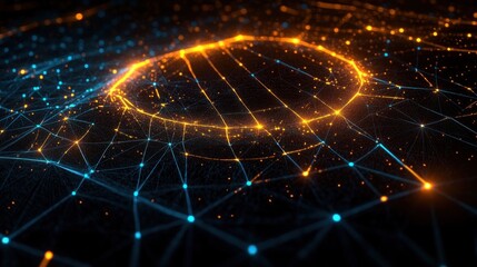 Wall Mural - abstract glowing network with interconnected blue and orange nodes forming circular and grid pattern