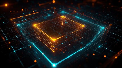 Wall Mural - glowing futuristic 3d digital platform with neon orange and blue lines forming squares and dynamic p