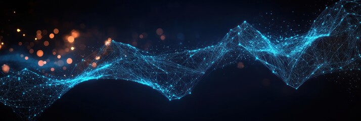 Wall Mural - abstract blue digital network wave with glowing connected nodes and scattered orange light particles