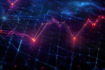 Wall Mural - abstract glowing network grid with colorful rising and falling line graphs against a dark futuristic