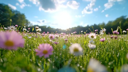 Wall Mural - A beautiful meadow of daisies and wildflowers under a bright blue sky with sunlight evoking feelings of joy and peace perfect for spring and summer