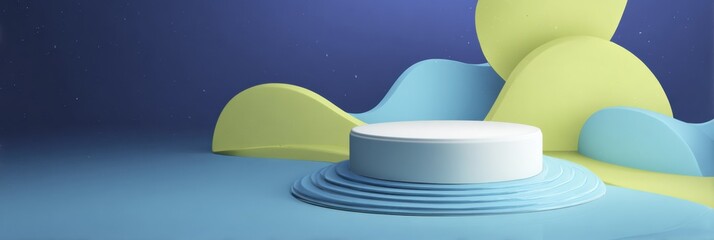 Poster - Digital Promo Badge Displayed on an Abstract Curved Platform Surrounded by Colorful Shapes at a Serene Backdrop