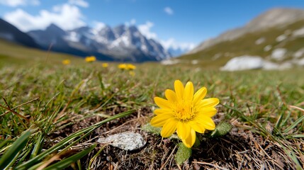 Wall Mural - Close up of a vibrant yellow alpine flower in a lush green mountain meadow with rugged peaks and clear blue sky in background
