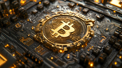 Bitcoin cryptocurrency icon: digital currency concept with blockchain technology and gold trim circuitry. [Digital Relics] | Code Temple | algorithm altar. Illustration