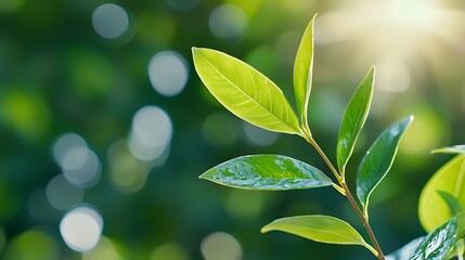 Wall Mural - Close up of vibrant green leaves in sunlight nature background
