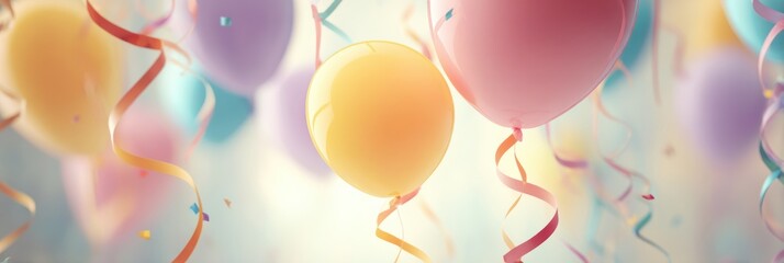 Poster - Colorful Balloons and Ribbons Float Joyfully in the Air at a Festive Celebration With a Softly Blurred Background and Festive Atmosphere