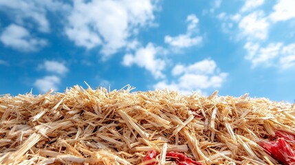 Wall Mural - Dry hay pile under a clear blue sky with fluffy white clouds a detailed shot of golden straw with a beautiful contrast of color and texture a natural landscape
