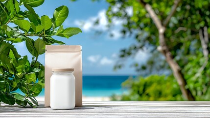 Wall Mural - Eco friendly product packaging mockup on a wooden table with beach background