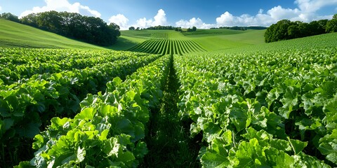 Wall Mural - Expansive green field of crops under a bright blue sky scenic rural landscape with vibrant vegetation and rolling hills idyllic agricultural scene with rows of crops and fluffy clouds nature beauty