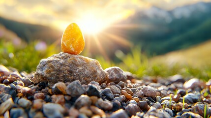 Wall Mural - Golden egg on rock landscape with mountain view and sunlight rays perfect serene and natural scene with pebbles field and tranquility in nature