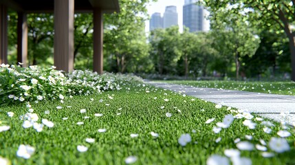 Wall Mural - Park landscape featuring lush green grass white flowers and a stone path with trees and buildings in the background a tranquil and inviting outdoor scene perfect for nature and serene themes