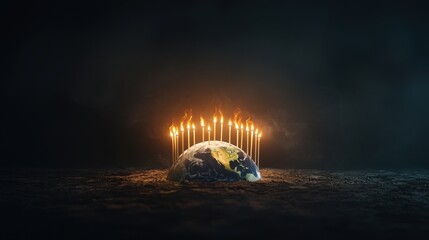 Wall Mural - a lit candle on a planet surrounded by other candles