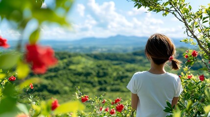 Wall Mural - Person enjoying a scenic view of green hills and red flowers under a blue sky perfect for travel and nature themes conveying peace and tranquility