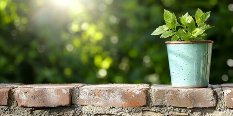 Wall Mural - Plant in turquoise pot on weathered brick wall with blurred green background bathed in sunlight showcasing natures beauty perfect for tranquil aesthetics