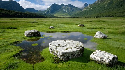 Wall Mural - Serene meadow landscape with pond and mountains evoking peace and tranquility with green vegetation rocks and a clear sky