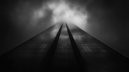 Wall Mural - dramatic low-angle black and white shot of a skyscraper piercing through a foggy sky.