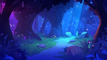 Wall Mural - magical enchanted forest path at night with glowing light beams, flowers, and plants.