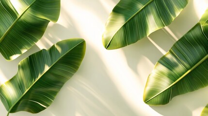 Wall Mural - lush green banana leaves arranged on a light background with shadows.
