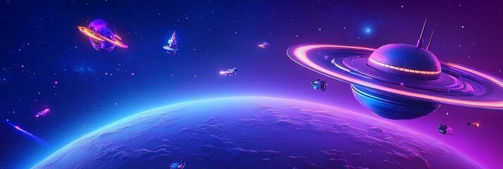 Wall Mural - futuristic vibrant space scene with planets, starships, and cosmic elements.
