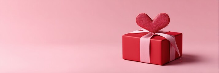 Poster - Red Gift Box Adorned With Heart-Shaped Ribbon Resting on a Soft Pink Surface for Special Occasions