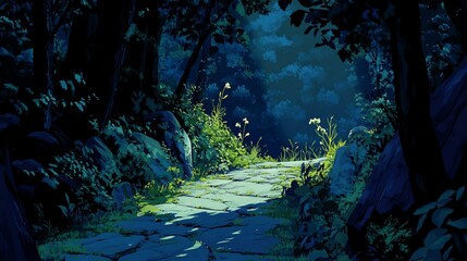 Wall Mural - dark forest path, stone walkway lit by moonlight, lush green foliage, flowers.