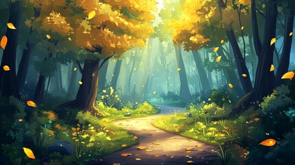 Wall Mural - sunlit path winding through autumnal forest with falling leaves.