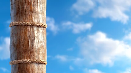 Wall Mural - Wooden pole with rope detail against a blue sky and fluffy white clouds creates a serene and natural composition perfect for backgrounds and design