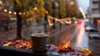 © Nasr - Steaming coffee mug placed windowsill rainy autumn street view outside wet street glistening under soft streetlight colorful autumn leaf scattered ground creating warm intimate fall moment cut out