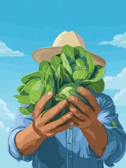 Aufkleber - Hands of a Farmer Holding Freshly Harvested Greens Under a Clear Blue Sky Showcasing the Rewarding Labor of Farming
