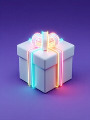 Aufkleber - Unique White Gift Box With Neon Bow on Purple Background Creating Vibrant Festive Atmosphere
