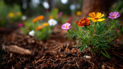 Poster - Vibrant marigolds and cosmos flowers bloom in a garden bed, showcasing their bright orange, yellow, and pink petals against a backdrop of dark brown mulch. : Generative AI