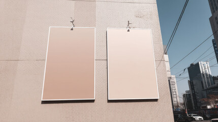 Poster - Two large blank billboards mounted on a light beige brick building, offering advertising space in an urban setting. : Generative AI