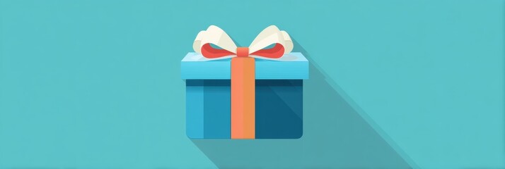 Poster - Bright Blue Gift Box With a Flowing Ribbon Design on a Solid Turquoise Background Creates a Cheerful Atmosphere for Celebrations and Special Occasions
