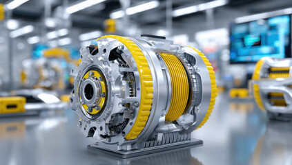 Poster - Detailed close-up of a sophisticated electric vehicle transmission system, showcasing intricate metallic components and vibrant yellow accents in a modern industrial setting. : Generative AI