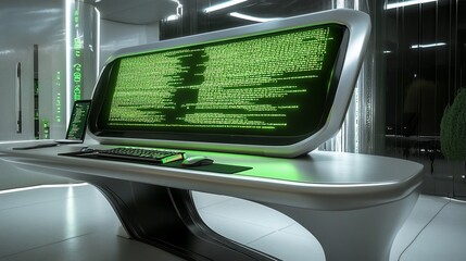 Futuristic workstation displaying complex algorithm code in vibrant green