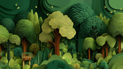 Leinwandbilder - A lush, vibrant paper-cut forest scene depicts a tranquil woodland with intricately detailed trees, verdant foliage, and a small wooden structure nestled amongst the flora. : Generative AI