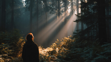 Poster - Person standing in a sunlit forest, rays of light illuminating the trees and undergrowth, creating a mystical atmosphere.  The scene evokes peace and tranquility. : Generative AI